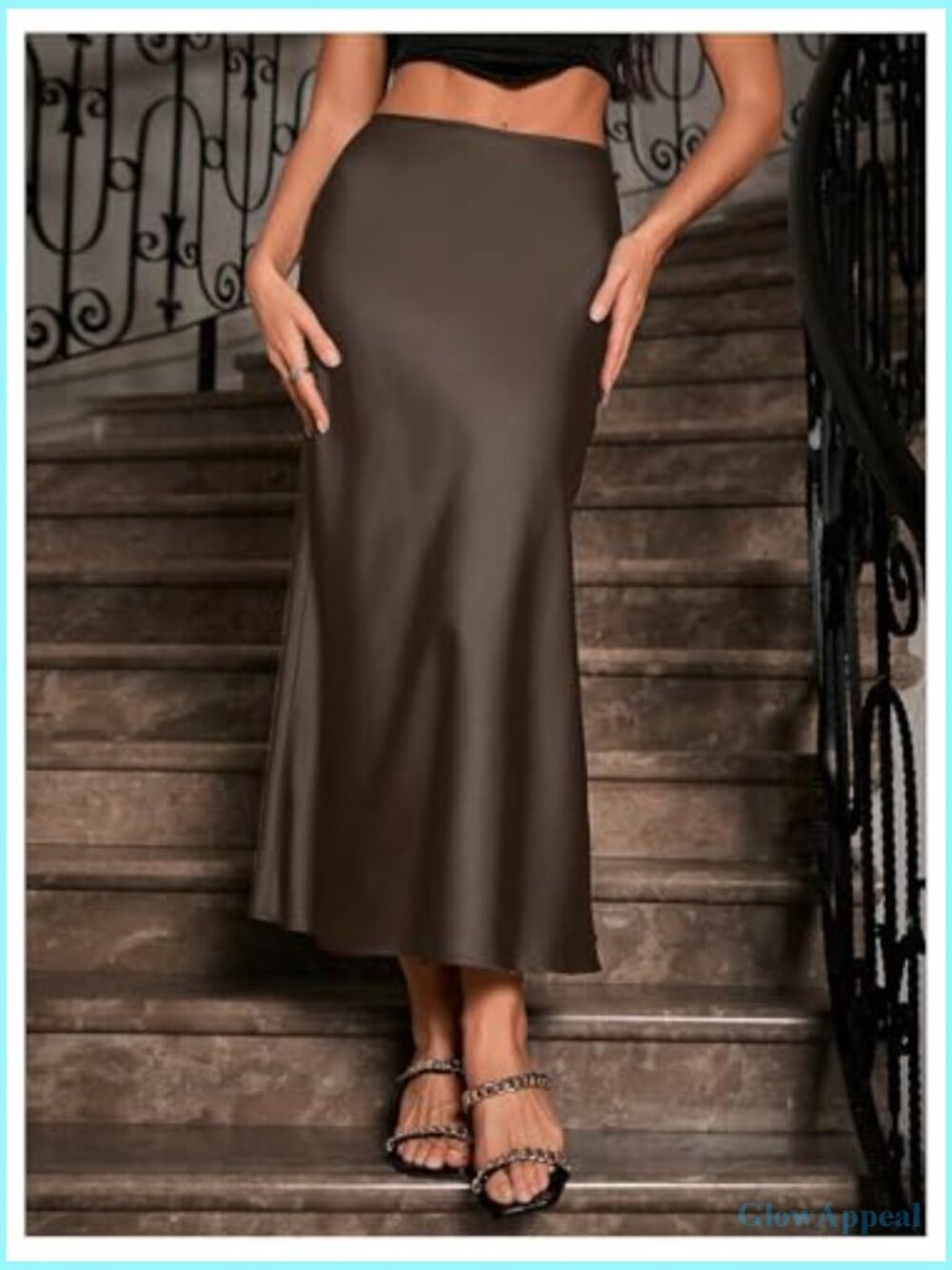High Waisted A-Line Satin Skirt with Side Zipper, Midi Long - Picture 5 of 5